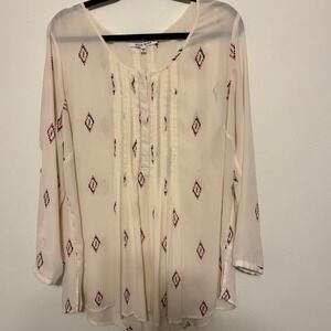 Black Rainn Cream Diamond Print Long Sleeve Blouse Top Womens 1X